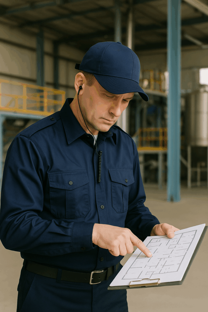 Supervisor de seguridad para pymes revisando un plan de emergencia en planta