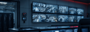 Sala de monitoreo con inteligencia artificial en seguridad privada controlando múltiples cámaras CCTV en tiempo real