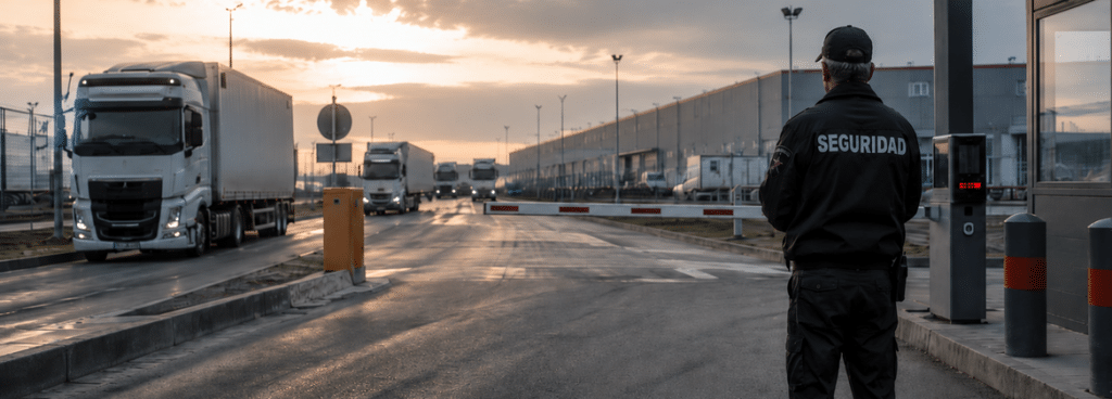 Vigilador de seguridad física para empresas controlando el acceso vehicular de un centro logístico al amanecer