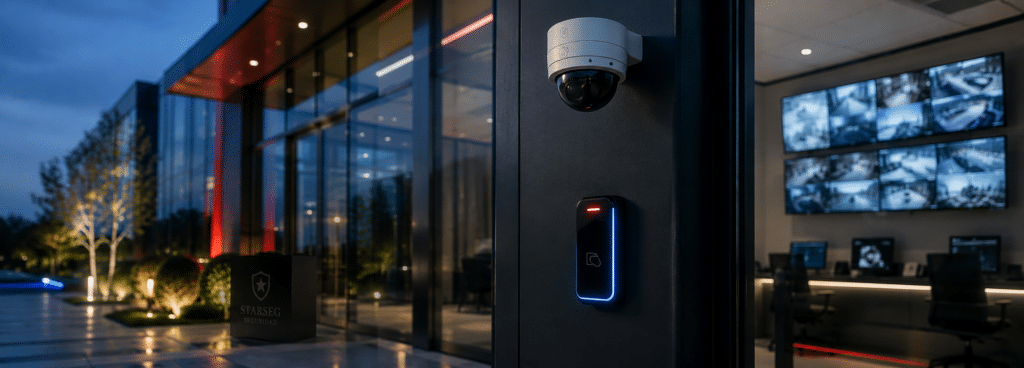Seguridad electrónica para empresas: cámara CCTV y control de acceso integrados en un edificio corporativo