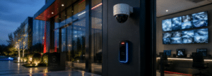Seguridad electrónica para empresas: cámara CCTV y control de acceso integrados en un edificio corporativo
