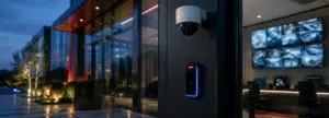 Seguridad electrónica para empresas: cámara CCTV y control de acceso integrados en un edificio corporativo