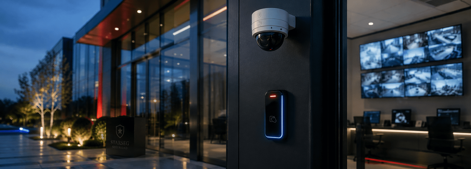 Seguridad electrónica para empresas: cámara CCTV y control de acceso integrados en un edificio corporativo