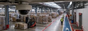 Videoanalítica para empresas: cámara en un depósito monitoreando el cruce entre autoelevadores y personal a pie